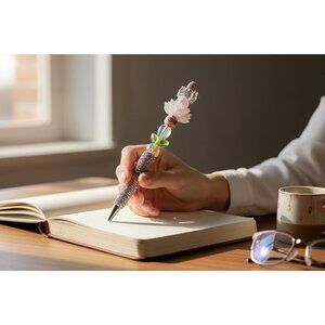 Elegant Crystal Beaded Ballpoint Pen With Decorative Lotus Design & Rhinestones